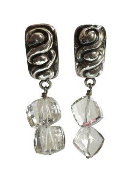 Silver Dangle Earrings With Clear Faceted Crystal Beads Unmarked